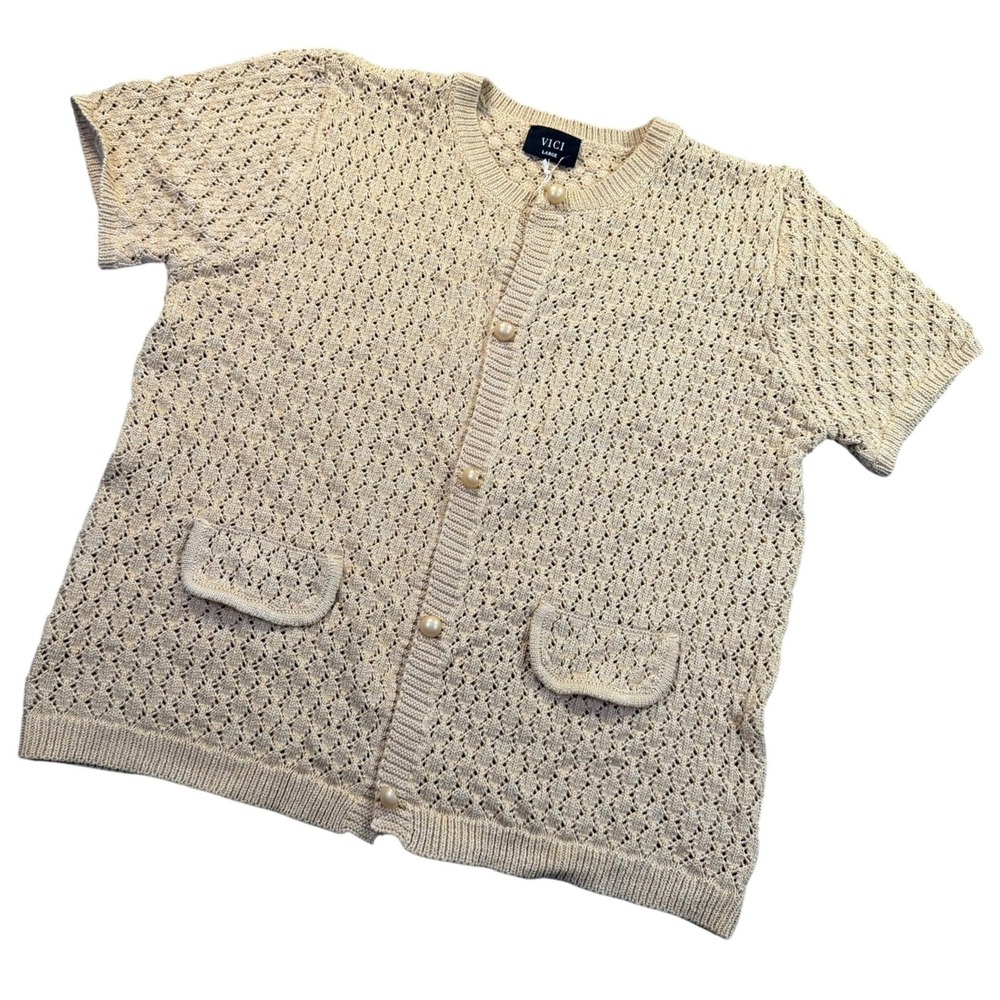 VICI Exclusive Cardigan Womens Large‎ Pointelle Pearl Button Short Sleeve Knit